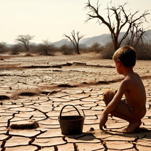 Home 19 Photo-realistic and emotionally evocative depiction of water scarcity. A vast, arid landscape with deeply cracked earth under a relentless, scorching sun. In the foreground, a young, weary child, barefoot and holding an empty, rusted bucket, gazes with longing at the dry riverbed. Distant, withered fields and bare tree branches against a hazy sky. The scene conveys a profound sense of deprivation, urgency, and the harsh impact of drought on human lives. Emphasize natural light, high detail, and a somber color palette.