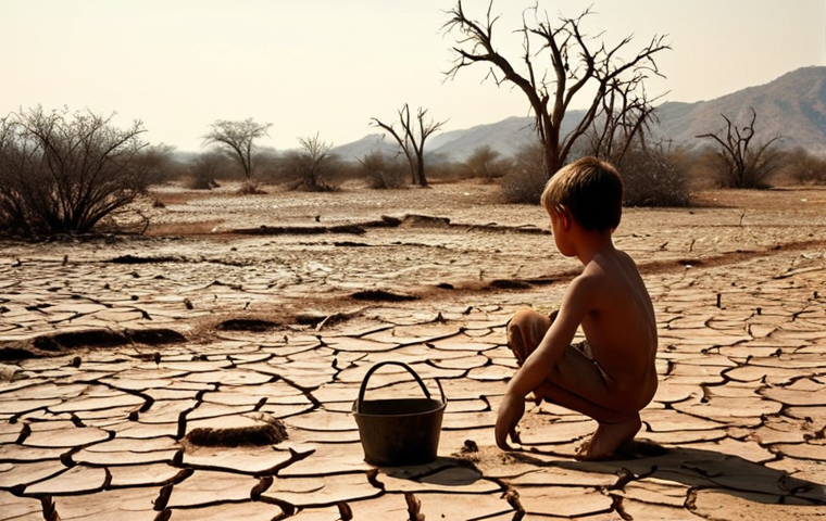 Photo-realistic and emotionally evocative depiction of water scarcity. A vast, arid landscape with deeply cracked earth under a relentless, scorching sun. In the foreground, a young, weary child, barefoot and holding an empty, rusted bucket, gazes with longing at the dry riverbed. Distant, withered fields and bare tree branches against a hazy sky. The scene conveys a profound sense of deprivation, urgency, and the harsh impact of drought on human lives. Emphasize natural light, high detail, and a somber color palette.