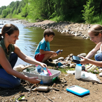 **Citizen Science and Community Water Care:** A vibrant, daylight scene of diverse citizens, including families with children, actively participating in a local river cleanup and water monitoring event. People are seen picking up litter along the bank, while others use handheld smart devices and simple test kits to measure water quality from the clear, flowing river. The atmosphere is collaborative and hopeful, emphasizing community involvement in environmental stewardship. Realistic photography, natural lighting.