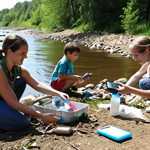 Home 18 **Citizen Science and Community Water Care:** A vibrant, daylight scene of diverse citizens, including families with children, actively participating in a local river cleanup and water monitoring event. People are seen picking up litter along the bank, while others use handheld smart devices and simple test kits to measure water quality from the clear, flowing river. The atmosphere is collaborative and hopeful, emphasizing community involvement in environmental stewardship. Realistic photography, natural lighting.