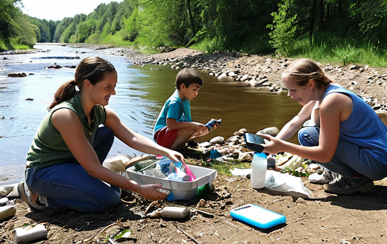 **Citizen Science and Community Water Care:** A vibrant, daylight scene of diverse citizens, including families with children, actively participating in a local river cleanup and water monitoring event. People are seen picking up litter along the bank, while others use handheld smart devices and simple test kits to measure water quality from the clear, flowing river. The atmosphere is collaborative and hopeful, emphasizing community involvement in environmental stewardship. Realistic photography, natural lighting.