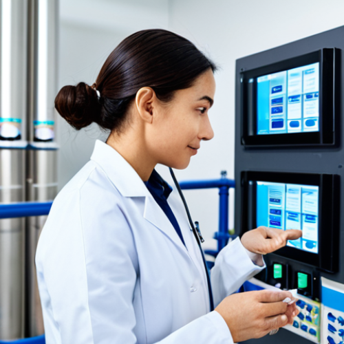 Home 17 A professional female engineer in a modest lab coat, standing confidently while examining a state-of-the-art water purification system. The environment is a clean, brightly lit, high-tech water treatment facility, featuring advanced membrane filtration units and digital monitoring screens in the background. The scene emphasizes corporate sustainability and water innovation. fully clothed, appropriate attire, modest clothing, safe for work, appropriate content, professional, perfect anatomy, correct proportions, natural pose, well-formed hands, proper finger count, natural body proportions.