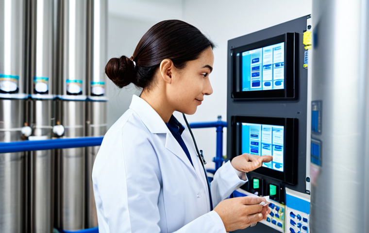 A professional female engineer in a modest lab coat, standing confidently while examining a state-of-the-art water purification system. The environment is a clean, brightly lit, high-tech water treatment facility, featuring advanced membrane filtration units and digital monitoring screens in the background. The scene emphasizes corporate sustainability and water innovation. fully clothed, appropriate attire, modest clothing, safe for work, appropriate content, professional, perfect anatomy, correct proportions, natural pose, well-formed hands, proper finger count, natural body proportions.