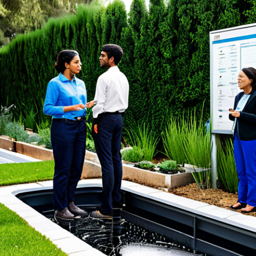 Home 8 A diverse group of professional adults, male and female, of various ethnicities, fully clothed in modest, practical professional attire, engaged in a collaborative community project focused on water conservation. They are thoughtfully inspecting a modern, efficient rainwater harvesting system in a sustainable urban garden. The background features lush, water-wise landscaping alongside subtly visible digital displays showing water usage data, blending technology with nature. The scene is illuminated by bright, optimistic natural light, conveying a sense of hope and collective action towards water security. Perfect anatomy, correct proportions, natural pose, well-formed hands, proper finger count, natural body proportions, professional photography, high quality, safe for work, appropriate content, fully clothed, family-friendly.