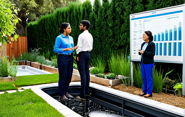 A diverse group of professional adults, male and female, of various ethnicities, fully clothed in modest, practical professional attire, engaged in a collaborative community project focused on water conservation. They are thoughtfully inspecting a modern, efficient rainwater harvesting system in a sustainable urban garden. The background features lush, water-wise landscaping alongside subtly visible digital displays showing water usage data, blending technology with nature. The scene is illuminated by bright, optimistic natural light, conveying a sense of hope and collective action towards water security. Perfect anatomy, correct proportions, natural pose, well-formed hands, proper finger count, natural body proportions, professional photography, high quality, safe for work, appropriate content, fully clothed, family-friendly.