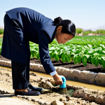 A professional woman, fully clothed in modest business attire, carefully tending to a small garden using a smart drip irrigation system, with a background showing a dry, cracked riverbed under a clear sky. In the foreground, a man, also in professional, appropriate attire, is closing a modern, water-efficient faucet. The scene emphasizes responsible water usage and adaptation to climate-induced water scarcity. The overall image is clean, well-lit, and depicts a thoughtful approach to environmental challenges. Perfect anatomy, correct proportions, natural pose, well-formed hands, proper finger count, natural body proportions. Safe for work, appropriate content, fully clothed, professional, family-friendly.