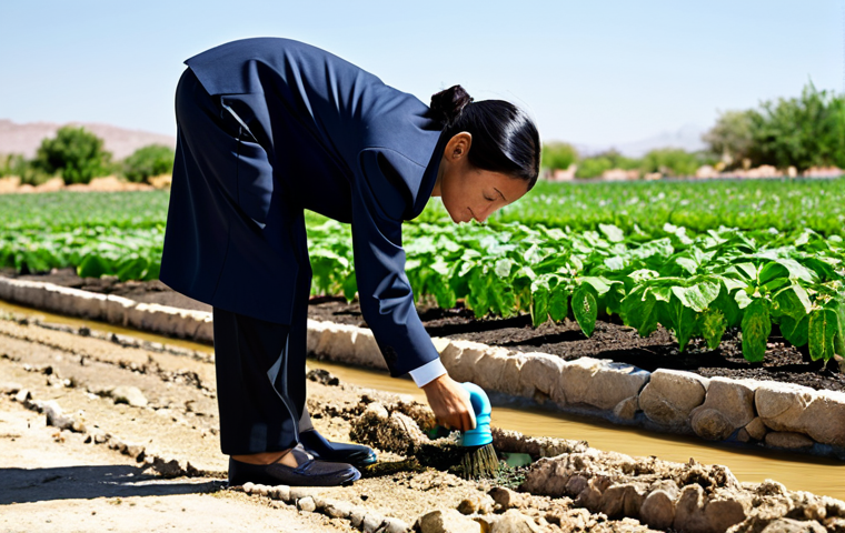 A professional woman, fully clothed in modest business attire, carefully tending to a small garden using a smart drip irrigation system, with a background showing a dry, cracked riverbed under a clear sky. In the foreground, a man, also in professional, appropriate attire, is closing a modern, water-efficient faucet. The scene emphasizes responsible water usage and adaptation to climate-induced water scarcity. The overall image is clean, well-lit, and depicts a thoughtful approach to environmental challenges. Perfect anatomy, correct proportions, natural pose, well-formed hands, proper finger count, natural body proportions. Safe for work, appropriate content, fully clothed, professional, family-friendly.