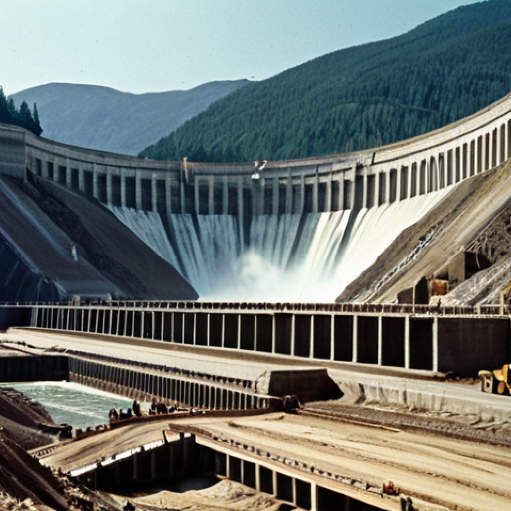 **

A wide shot of a large dam in a mountainous landscape during the 1960s, construction workers fully clothed in period-appropriate attire are working on the dam. The scene conveys a sense of national development and hope. Safe for work, appropriate content, professional, perfect anatomy, natural proportions, dramatic lighting, high quality, fully clothed.

**