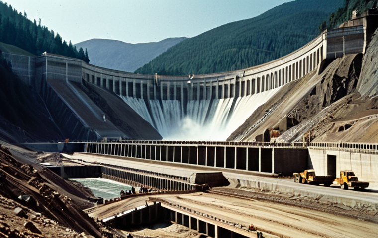 **

A wide shot of a large dam in a mountainous landscape during the 1960s, construction workers fully clothed in period-appropriate attire are working on the dam. The scene conveys a sense of national development and hope. Safe for work, appropriate content, professional, perfect anatomy, natural proportions, dramatic lighting, high quality, fully clothed.

**
