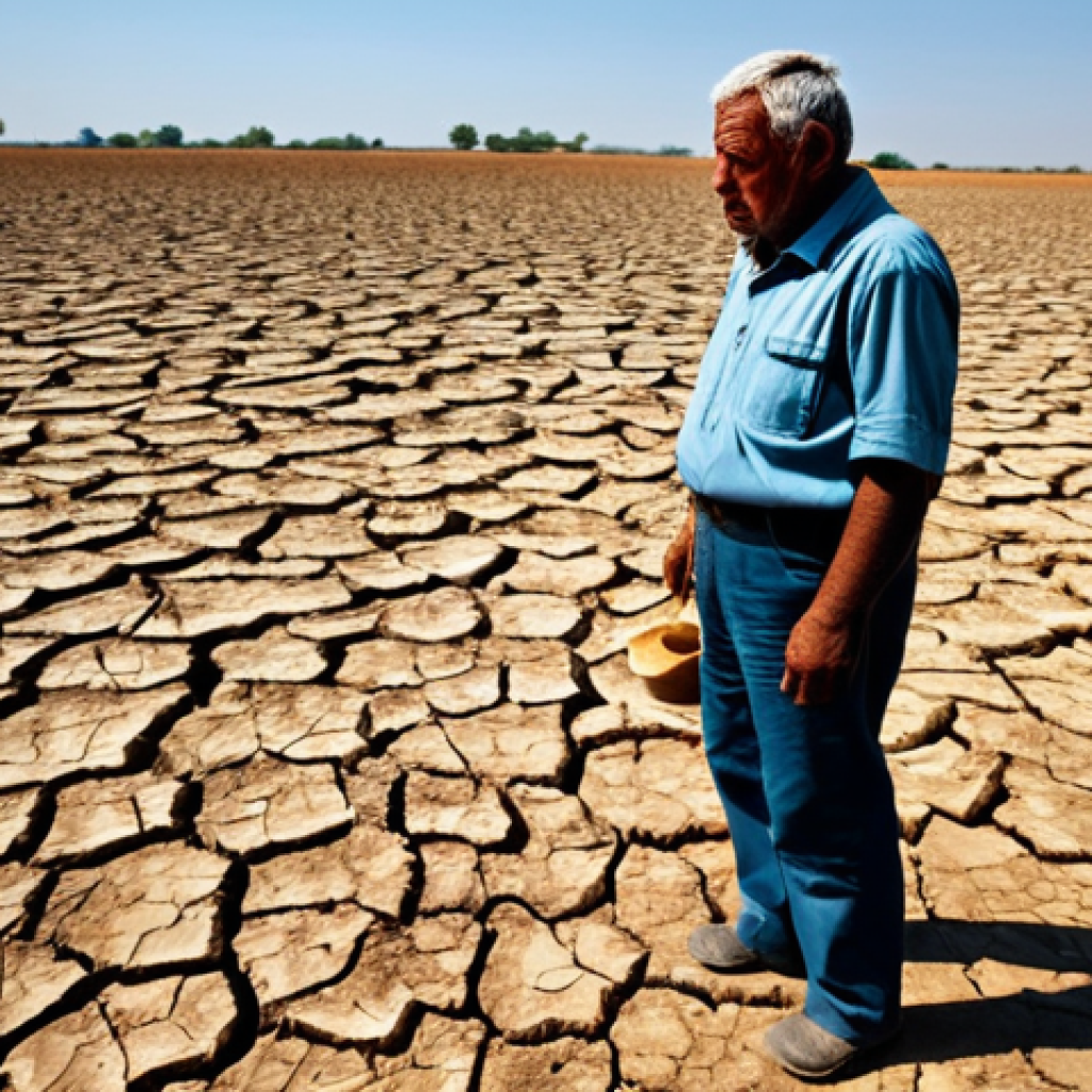Drought Impact**

"A parched landscape with cracked earth under a blazing sun, depicting the severe effects of climate change on water resources, fully clothed farmers looking despondent in the background, appropriate attire, safe for work, perfect anatomy, natural proportions, professional photography, high quality, family-friendly, depicting the human cost of water scarcity in a realistic and poignant manner."

**