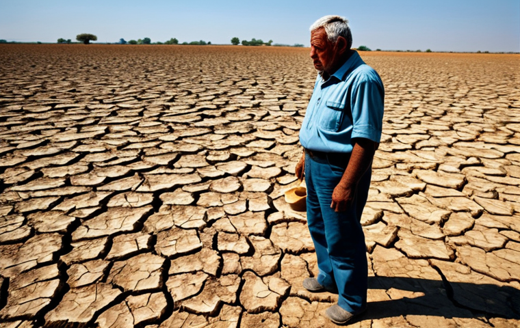 Drought Impact**

"A parched landscape with cracked earth under a blazing sun, depicting the severe effects of climate change on water resources, fully clothed farmers looking despondent in the background, appropriate attire, safe for work, perfect anatomy, natural proportions, professional photography, high quality, family-friendly, depicting the human cost of water scarcity in a realistic and poignant manner."

**