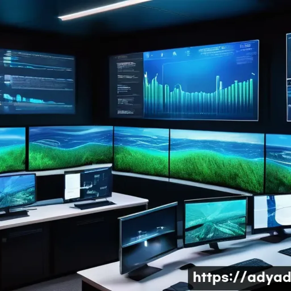 물 관리에서의 데이터 활용 방안 - A detailed futuristic water management control room filled with digital screens showing real-time da...