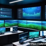 물 관리에서의 데이터 활용 방안 - A detailed futuristic water management control room filled with digital screens showing real-time da...