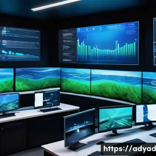 물 관리에서의 데이터 활용 방안 - A detailed futuristic water management control room filled with digital screens showing real-time da...