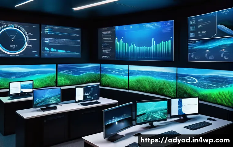 물 관리에서의 데이터 활용 방안 - A detailed futuristic water management control room filled with digital screens showing real-time da...
