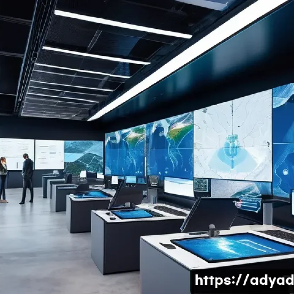 물 자원 관리의 글로벌 협력 사례 - A futuristic smart water management control room featuring large digital screens displaying real-tim...