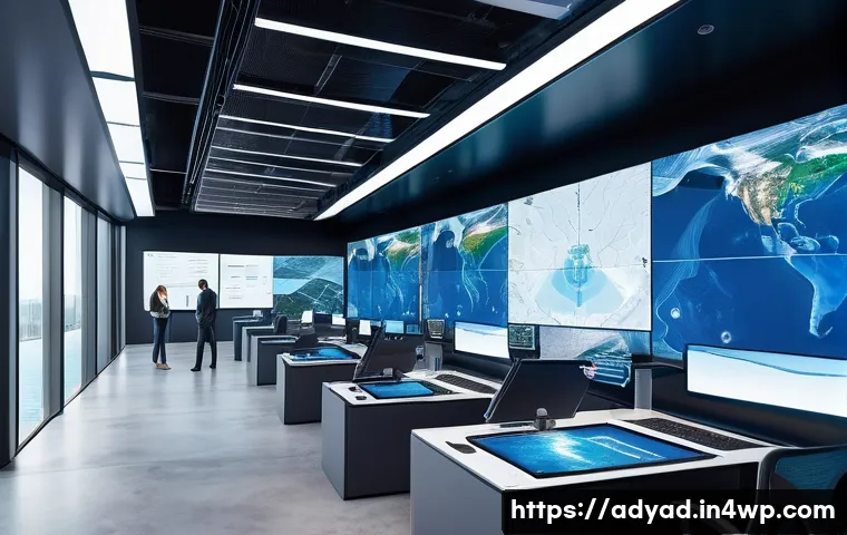물 자원 관리의 글로벌 협력 사례 - A futuristic smart water management control room featuring large digital screens displaying real-tim...