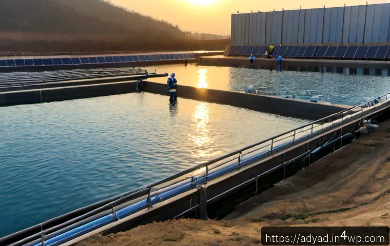 Home 17 물 안보와 기술 발전의 미래 - Photorealistic wide view of a modern water treatment facility beside a calm reservoir at sunrise, tr...