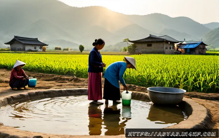 물 안보와 문화적 관점 - Photorealistic wide scene of a diverse rural community gathering beside a clean shared water well, a...