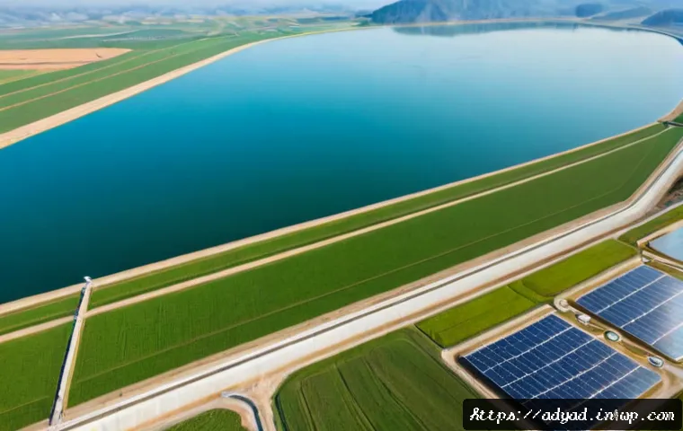 물 자원 관리 사례 연구 - Photorealistic water resource management case study scene, wide aerial view of a modern reservoir be...