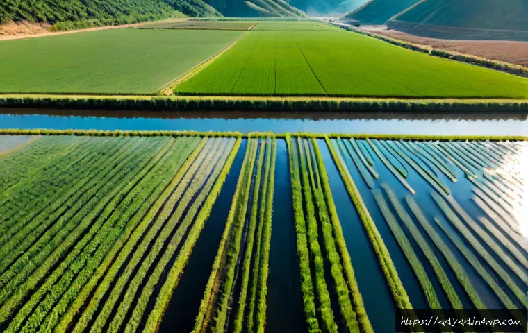 물 안보를 위한 지속 가능한 농업 전략 - Photorealistic wide aerial view of sustainable farmland protecting water resources, neat contour cro...